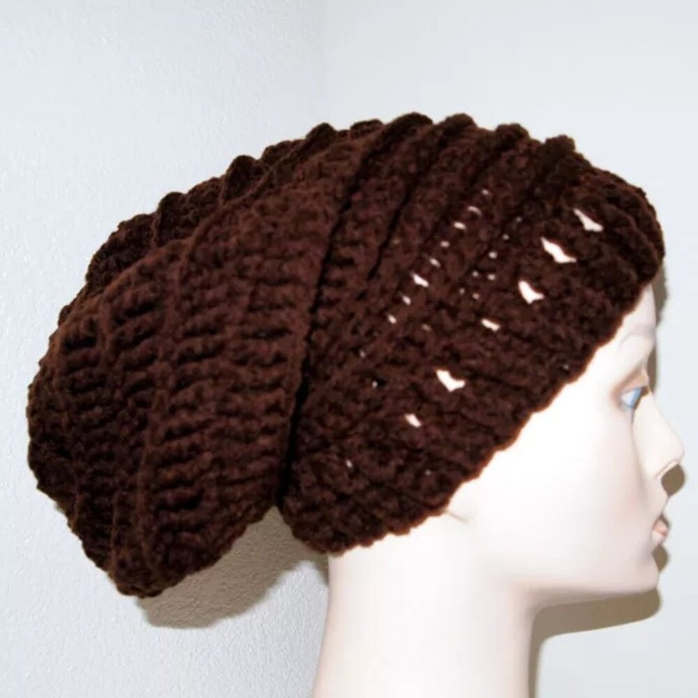 Handmade Womens Brown Crochet Beanie Extra Slouchy Hat O/S Cali Love Chunk CHC